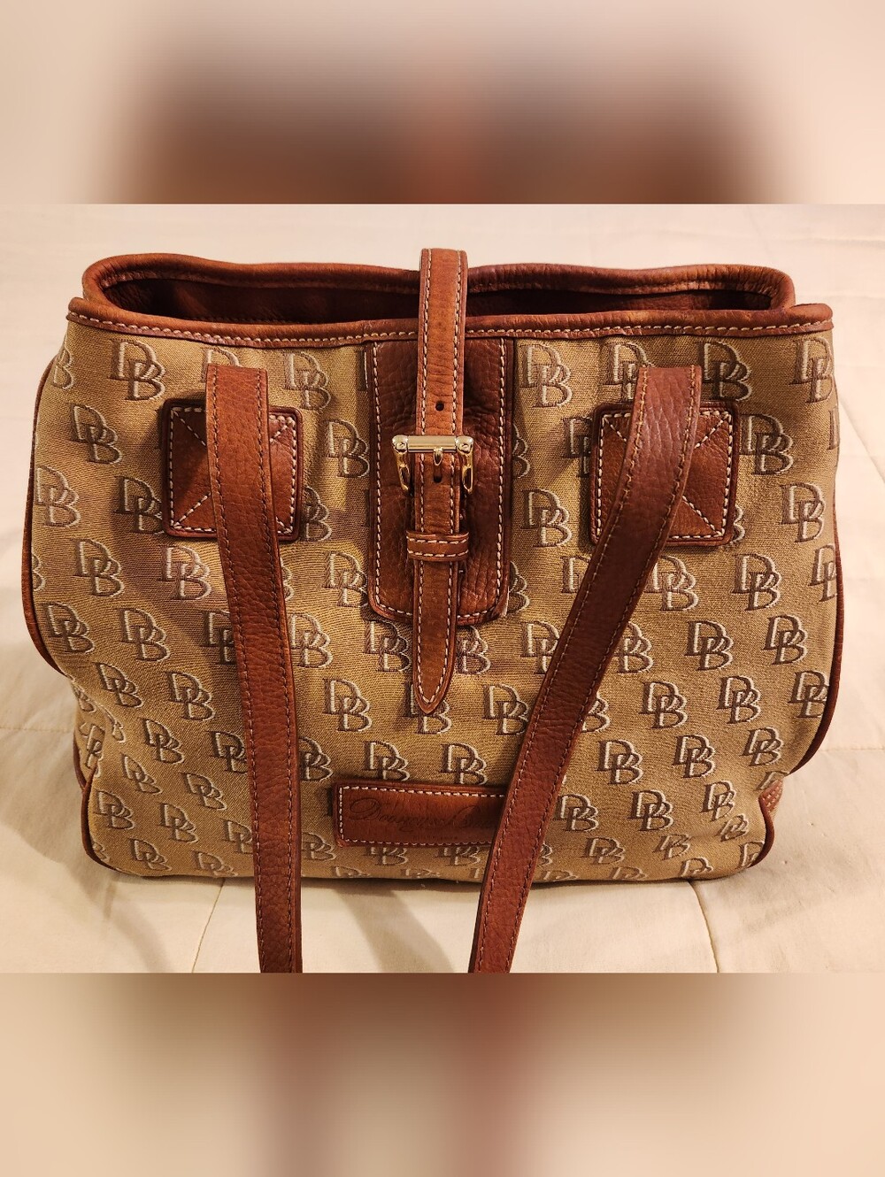 Dooney & Bourke Purse, Monogram Beige and Dark Brown Tote Bag, Leather Trim GUC